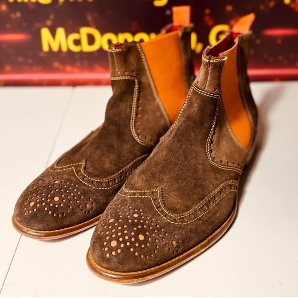 Stefano Castelli Brown Suede Wingtip Chelsea Boots Mens EU 45 US 12 Italy